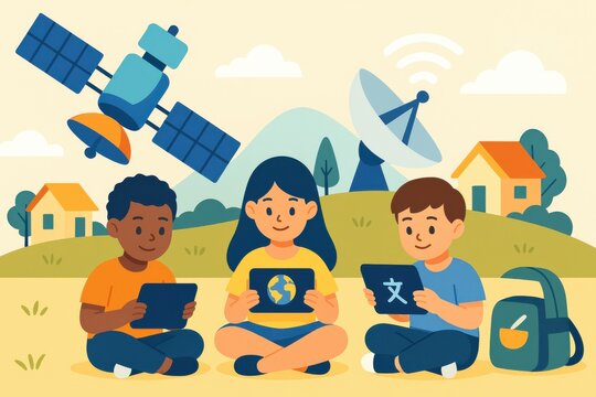 Diverse children learning online with satellite communication and digital tablets outdoors happily