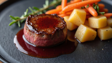 Gourmet dish featuring tender beef filet mignon, garnished with rich sauce, accompanied by vibrant carrots and diced potatoes