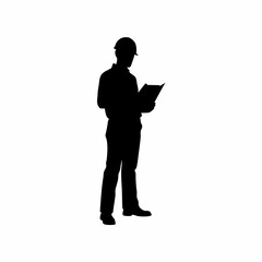 Silhouette of a building inspector reviewing construction plans on a clipboard
