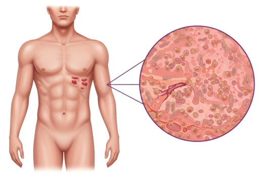 Male torso showing skin lesions with magnified microscopic view of affected tissue.