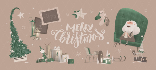 Merry Christmas postcard with Santa Claus reading a letter in a cozy armchair, Christmas tree, gifts, decorations, garlands, cartoon vector illustration.