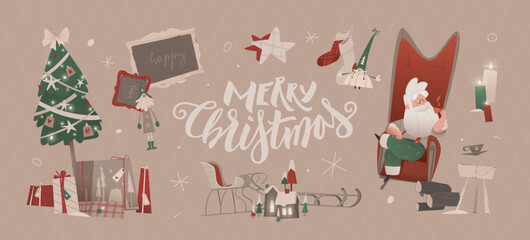 Merry Christmas postcard with Santa Claus relaxing in a cozy armchair, drinking coffee near a decorated Christmas tree with gifts, garlands, and festive decorations.