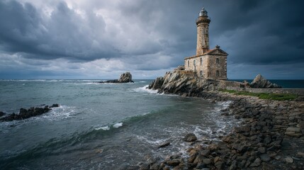 Stormy seas, old lighthouse