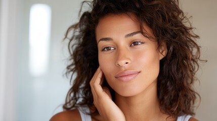 Naklejka premium A young woman with curly hair gently touching her face, looking thoughtful. The image captures a serene and reflective mood in a softly lit environment.