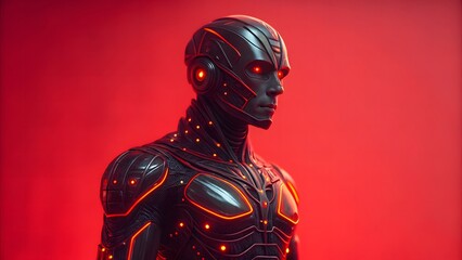 Futuristic Android Warrior in Red Illuminated Armor Detailed Sci Fi Character Vigilant Guardian Synthetic Being Technology Design