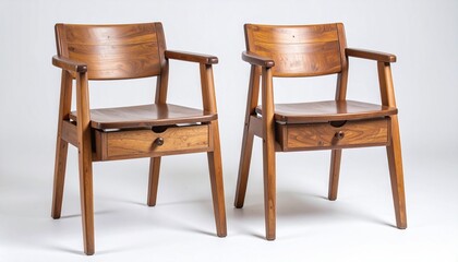 Wooden chairs with curved backrest and seat drawer