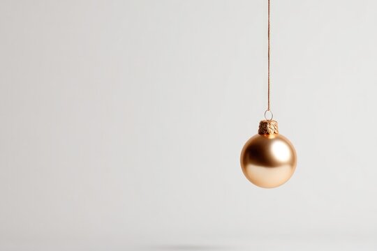 Shiny golden ornament suspended against minimalist backdrop, exu