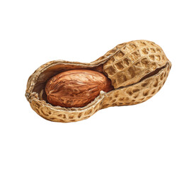 A single peanut in its shell, slightly open.  The peanut is a light brown, and the shell is a tan/light brown.  A close-up, studio shot