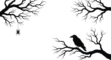 Fototapeta premium Halloween background with crow spider and bare tree branches art