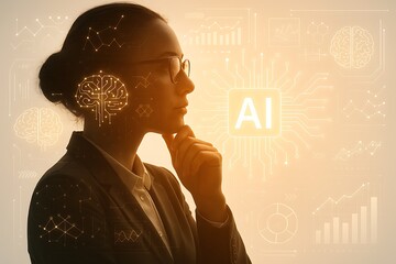 Businesswoman thinking with artificial intelligence hologram brain graphics concept of innovation technology data analysis research and futuristic machine learning digital transformation