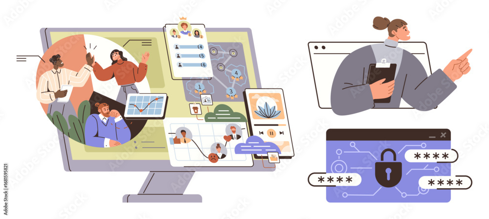 Aufkleber computer screen with interactive tools, worker managing tasks, password security, network diagrams. 