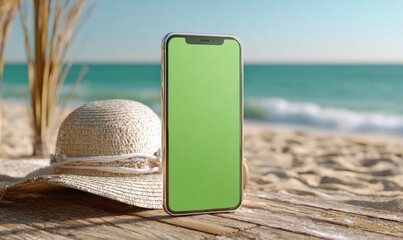 Smartphone on beach, straw hat, green screen
