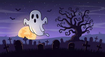 Spooky Halloween Night Ghostly Figure Over Graveyard