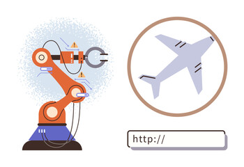 Robotic arm working on small components, airplane icon in magnifying glass, search bar. Ideal for tech, automation, innovation, aerospace, design digital tools engineering. A simple flat metaphor