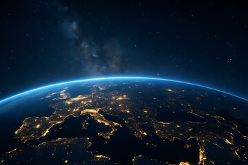 Naklejka premium Satellite view of earth planet from space showing glowing city lights atmosphere galaxy stars universe cosmic exploration astronomy science future and global environment concept