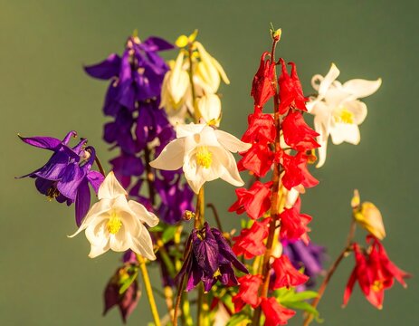 Vibrant bouquet of columbines in red, white, and purple hues against a muted green background