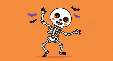 Fototapeta premium A cheerful cartoon skeleton dancing happily with bats against a festive orange background for Halloween
