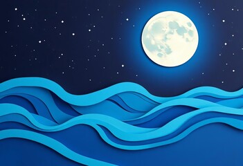 Fototapeta premium Abstract blue waves, full moon, stars, paper cut-out style night sky, pattern, serene