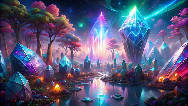 A surreal digital painting of crystal forest glowing under mysterious light 
