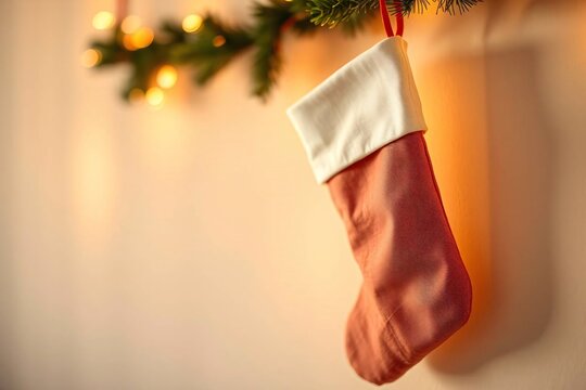Minimalist photo of plain Christmas stocking hanging on neutral wall