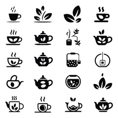 Collection of black and white tea icons including teacups teapots and leaves