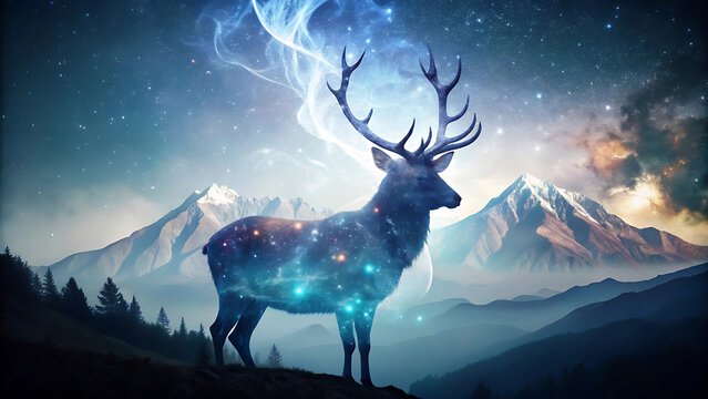 A surreal double exposure silhouette of stag glowing with colorful nebula light 