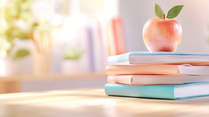 Colorful notebooks and red apple on wooden desk for back to school inspiration