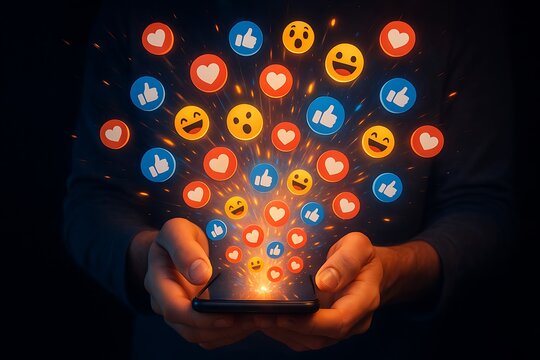 Hands holding smartphone with glowing colorful social media emoji icons floating representing online communication digital connection lifestyle technology social interaction