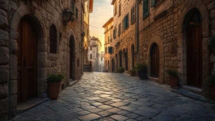 Obraz premium Ancient European street at dawn
