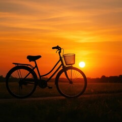 Fototapeta premium Silhouette of bicycle at sunset with vibrant sky, a peaceful scenic view, outdoor adventure