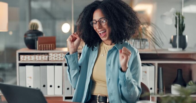 Business, celebration and woman in office, laptop and cheering with investment increase. Happy person, financial agency and consultant with pc, excited or achievement with bonus, promotion or success