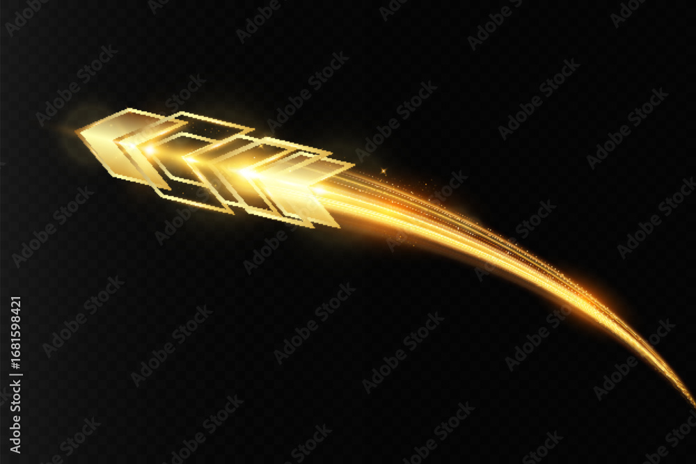 Poster golden glowing arrow with light trail and abstract wave motion effect on dark transparent background
