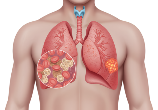 Medical illustration of human lungs with highlighted cancerous nodules.