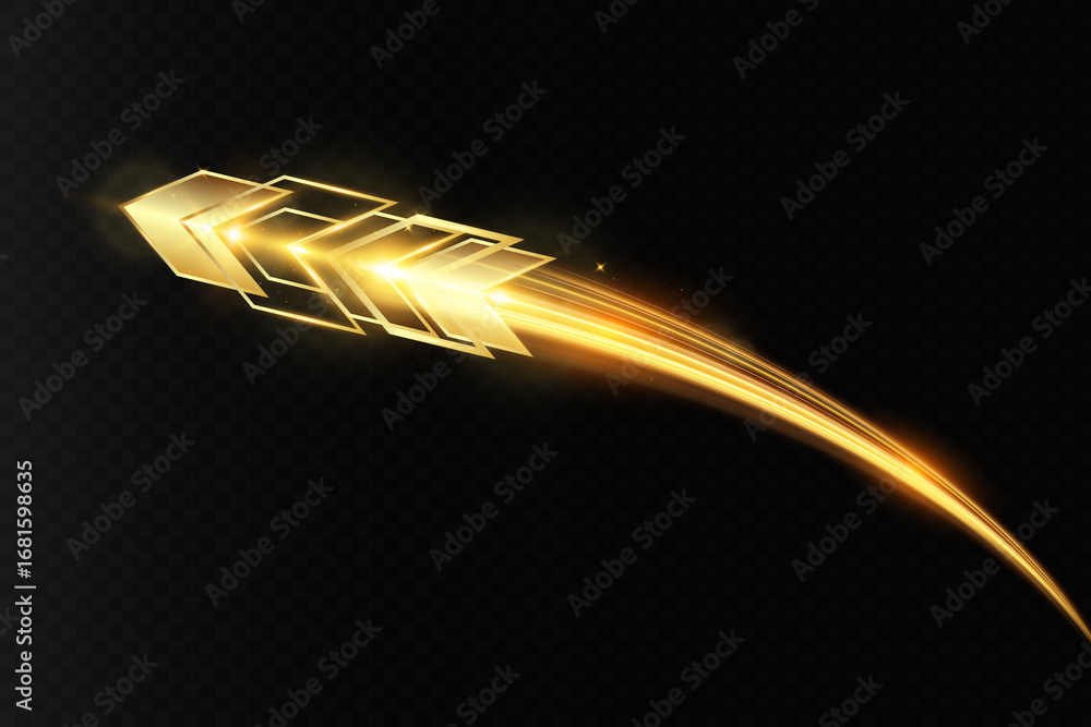 Poster golden glowing arrow with light trail and abstract wave motion effect on dark transparent background