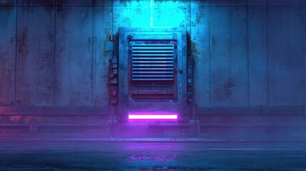 Neon-lit wall with futuristic vent creates moody, urban atmosphe