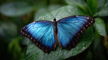 Obraz premium Vibrant blue butterfly on a dewy leaf