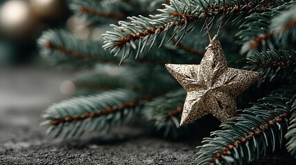 Gold glitter star ornament on a blue green pine branch with a thin string, against a warm bokeh background and dark textured foreground, Christmas detail.