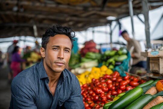 Portrait of attractive man in denim shirt shopping at farmers market with fresh colorful vegetables. Healthy eating and local food concept.