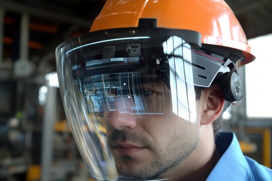 Innovative worker uses augmented reality helmet in modern industrial environment - Powered by Adobe