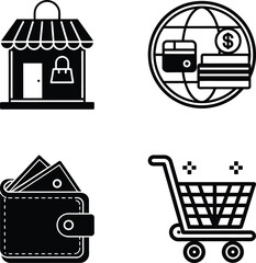 Online Store, Shopping Cart, Digital Wallet and Payment Gateway icons for e-commerce business operations
