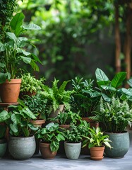 Lush indoor plants in various pots