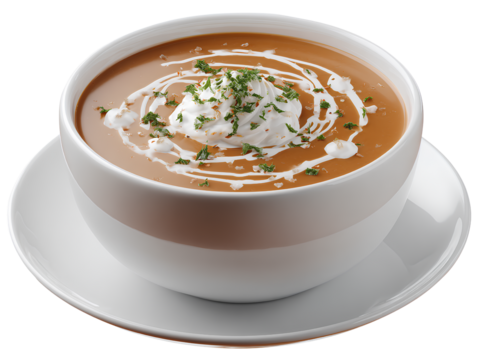 Creamy Tomato Soup with Swirl of Cream and Garnish isolated on a transparent background