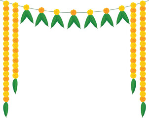 Traditional Indian marigold flower garland toran with mango leaves, festive floral decoration for Hindu wedding, Diwali, Navratri, and celebration design. Vector illustration