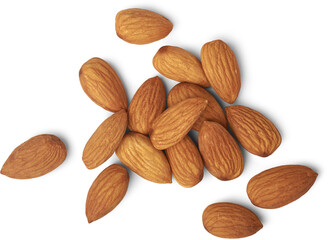 closeup view of pile of brown almonds shot from above, isolated white background