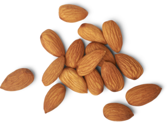 closeup view of pile of brown almonds shot from above, isolated white background