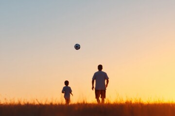 Silhouettes of father and son playing soccer at sunset, creating
