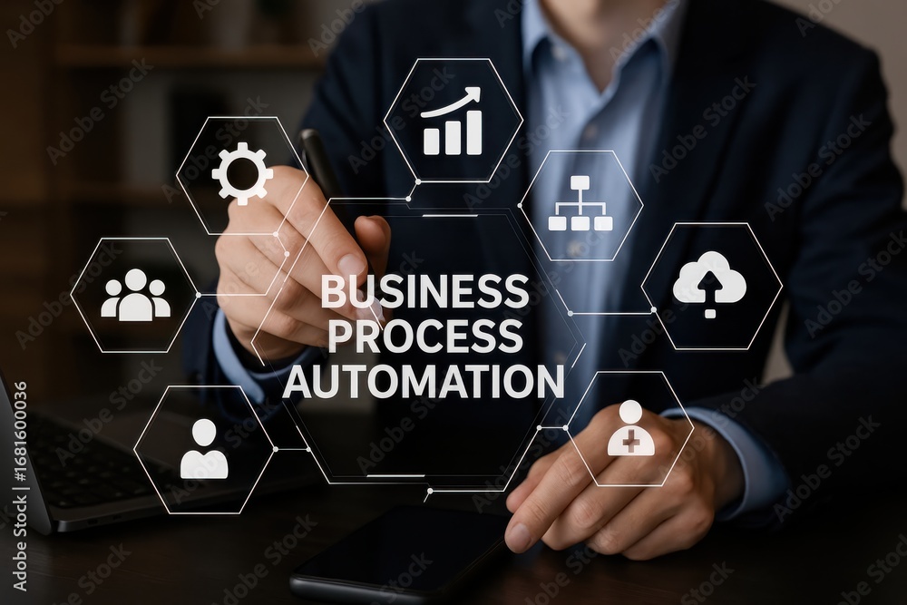 Poster business process automation illustration concept with icons on digital display for efficiency