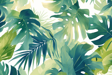 Watercolor Style Tropical Green Leaves Pattern