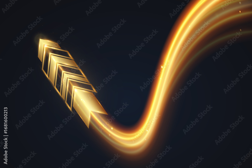 Poster golden glowing arrow with light trail and abstract wave motion effect on dark transparent background