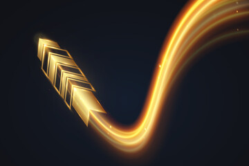 Golden glowing arrow with light trail and abstract wave motion effect on dark transparent background. © NAUM
